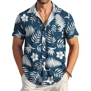 Men's Blue Casual Button Down Shirts Short Sleeve Textured Summer Beach Shirt
